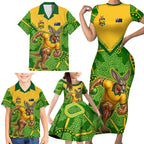 Personalized Australian Jackaroo Lawn Bowls Family Matching Short Sleeve Bodycon Dress and Hawaiian Shirt Kangaroo Athlete Indigenous Pattern Green Yellow Sports Mascot
