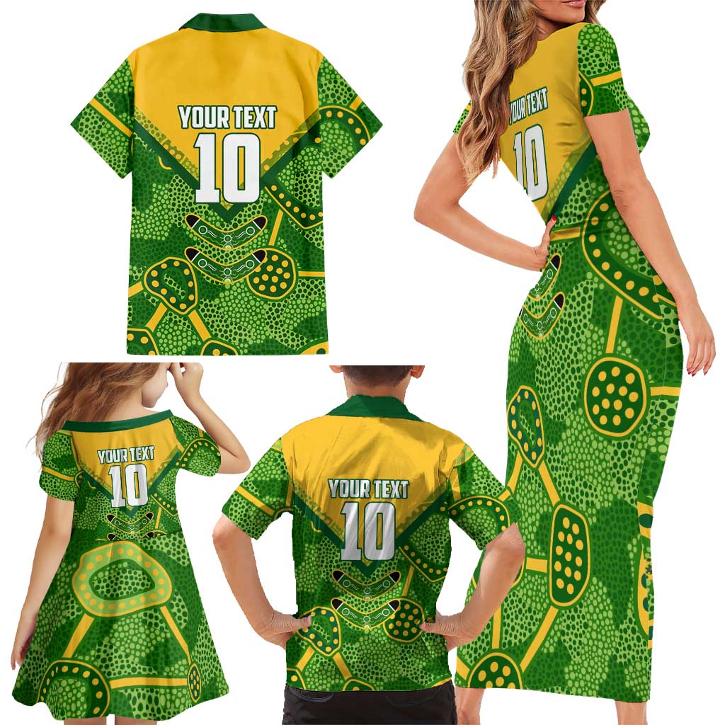 Personalized Australian Jackaroo Lawn Bowls Family Matching Short Sleeve Bodycon Dress and Hawaiian Shirt Kangaroo Athlete Indigenous Pattern Green Yellow Sports Mascot