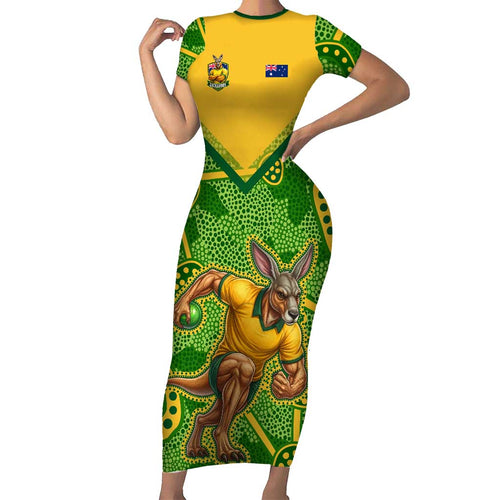 Personalized Australian Jackaroo Lawn Bowls Family Matching Short Sleeve Bodycon Dress and Hawaiian Shirt Kangaroo Athlete Indigenous Pattern Green Yellow Sports Mascot
