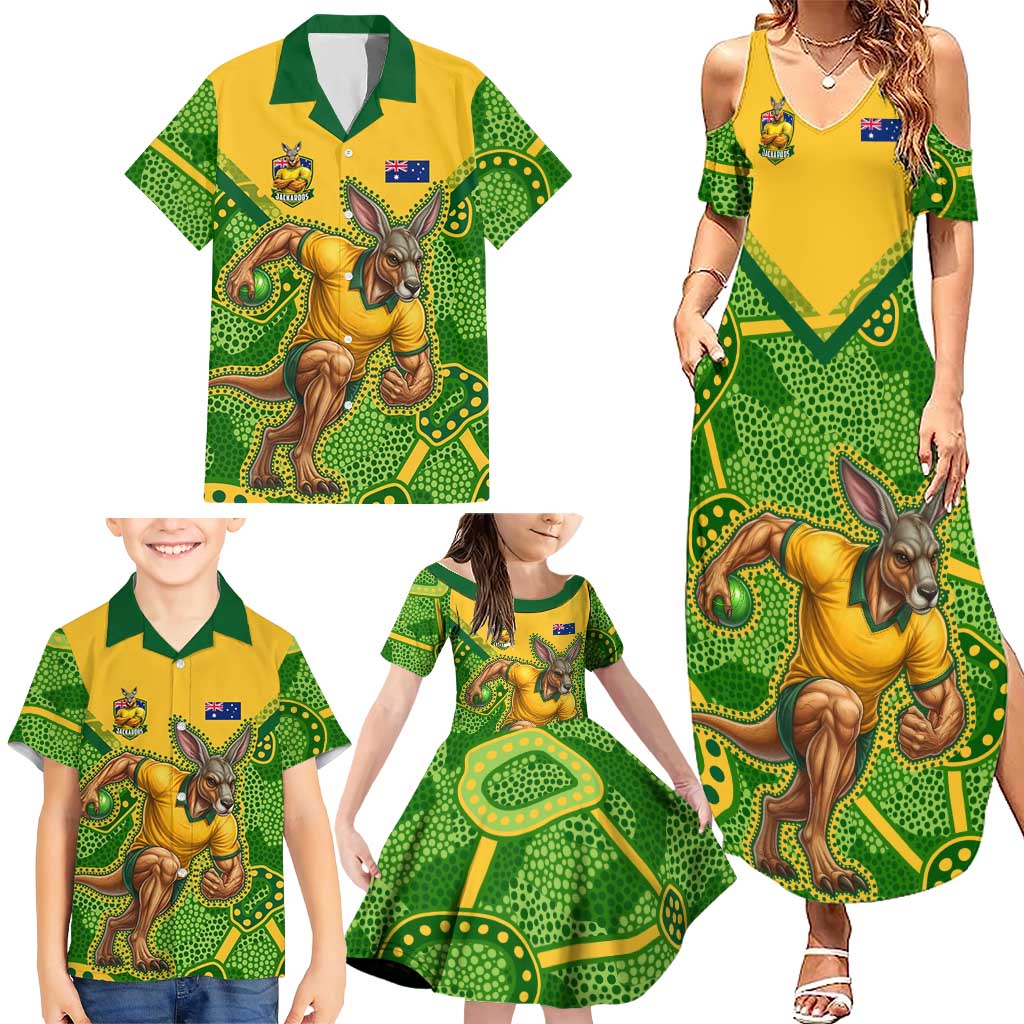 Personalized Australian Jackaroo Lawn Bowls Family Matching Summer Maxi Dress and Hawaiian Shirt Kangaroo Athlete Indigenous Pattern Green Yellow Sports Mascot