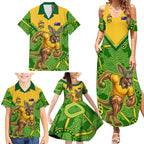 Personalized Australian Jackaroo Lawn Bowls Family Matching Summer Maxi Dress and Hawaiian Shirt Kangaroo Athlete Indigenous Pattern Green Yellow Sports Mascot