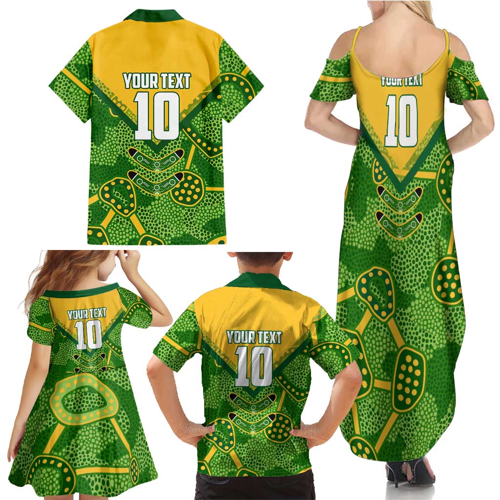 Personalized Australian Jackaroo Lawn Bowls Family Matching Summer Maxi Dress and Hawaiian Shirt Kangaroo Athlete Indigenous Pattern Green Yellow Sports Mascot