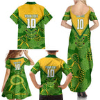 Personalized Australian Jackaroo Lawn Bowls Family Matching Summer Maxi Dress and Hawaiian Shirt Kangaroo Athlete Indigenous Pattern Green Yellow Sports Mascot