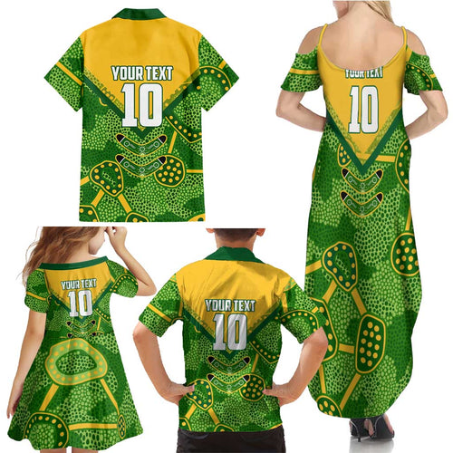 Personalized Australian Jackaroo Lawn Bowls Family Matching Summer Maxi Dress and Hawaiian Shirt Kangaroo Athlete Indigenous Pattern Green Yellow Sports Mascot