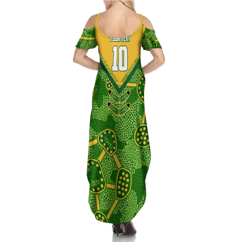 Personalized Australian Jackaroo Lawn Bowls Family Matching Summer Maxi Dress and Hawaiian Shirt Kangaroo Athlete Indigenous Pattern Green Yellow Sports Mascot