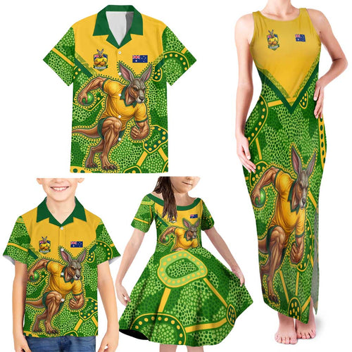 Personalized Australian Jackaroo Lawn Bowls Family Matching Tank Maxi Dress and Hawaiian Shirt Kangaroo Athlete Indigenous Pattern Green Yellow Sports Mascot