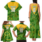 Personalized Australian Jackaroo Lawn Bowls Family Matching Tank Maxi Dress and Hawaiian Shirt Kangaroo Athlete Indigenous Pattern Green Yellow Sports Mascot