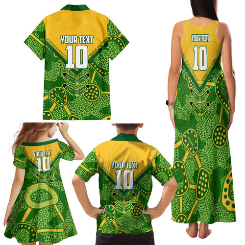 Personalized Australian Jackaroo Lawn Bowls Family Matching Tank Maxi Dress and Hawaiian Shirt Kangaroo Athlete Indigenous Pattern Green Yellow Sports Mascot