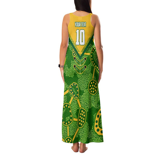 Personalized Australian Jackaroo Lawn Bowls Family Matching Tank Maxi Dress and Hawaiian Shirt Kangaroo Athlete Indigenous Pattern Green Yellow Sports Mascot