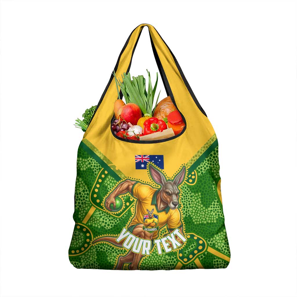 Personalized Australian Jackaroo Lawn Bowls Grocery Bag Kangaroo Athlete Indigenous Pattern Green Yellow Sports Mascot