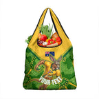 Personalized Australian Jackaroo Lawn Bowls Grocery Bag Kangaroo Athlete Indigenous Pattern Green Yellow Sports Mascot