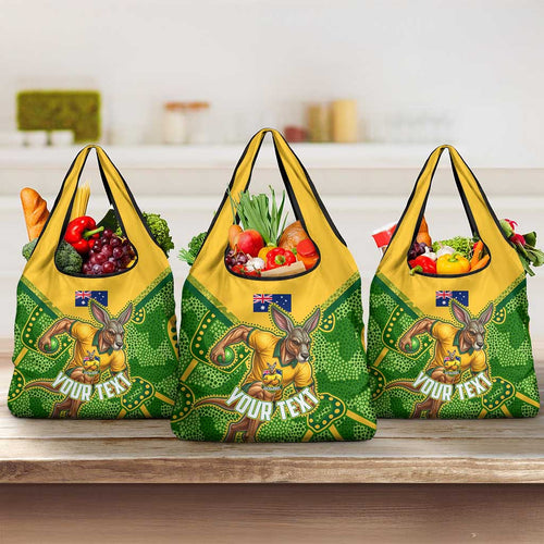 Personalized Australian Jackaroo Lawn Bowls Grocery Bag Kangaroo Athlete Indigenous Pattern Green Yellow Sports Mascot