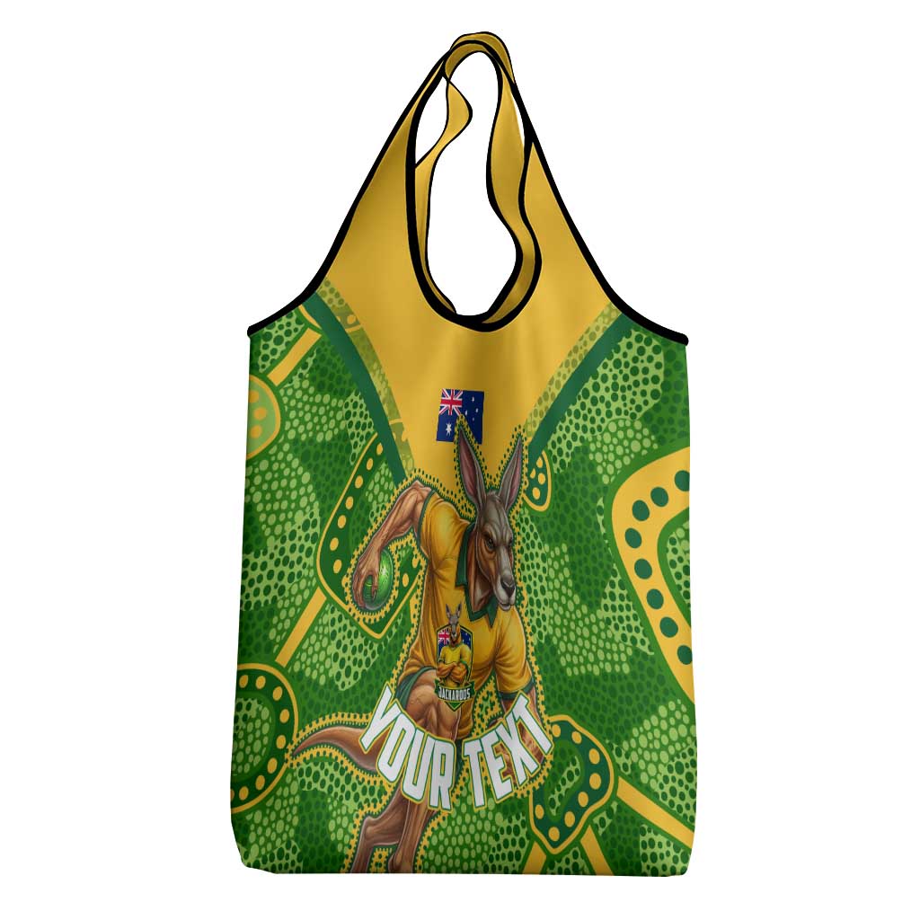 Personalized Australian Jackaroo Lawn Bowls Grocery Bag Kangaroo Athlete Indigenous Pattern Green Yellow Sports Mascot