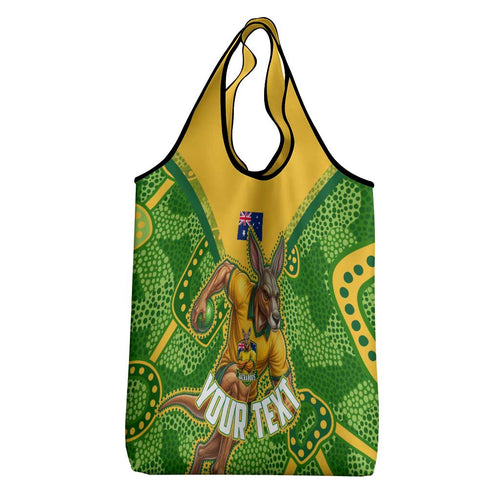 Personalized Australian Jackaroo Lawn Bowls Grocery Bag Kangaroo Athlete Indigenous Pattern Green Yellow Sports Mascot