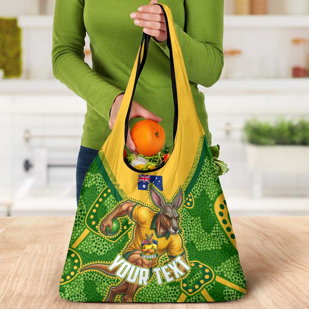 Personalized Australian Jackaroo Lawn Bowls Grocery Bag Kangaroo Athlete Indigenous Pattern Green Yellow Sports Mascot