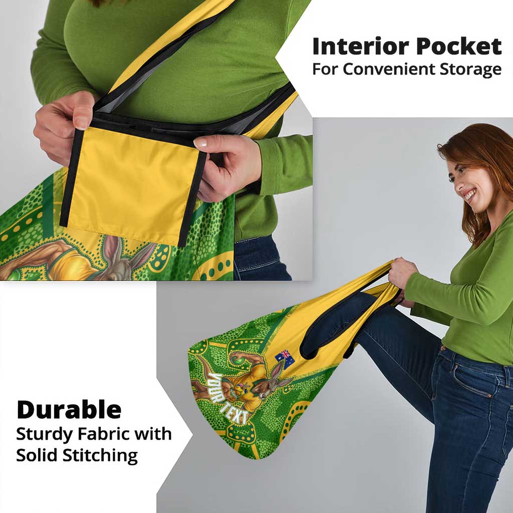 Personalized Australian Jackaroo Lawn Bowls Grocery Bag Kangaroo Athlete Indigenous Pattern Green Yellow Sports Mascot