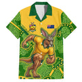 Personalized Australian Jackaroo Lawn Bowls Hawaiian Shirt Kangaroo Athlete Indigenous Pattern Green Yellow Sports Mascot