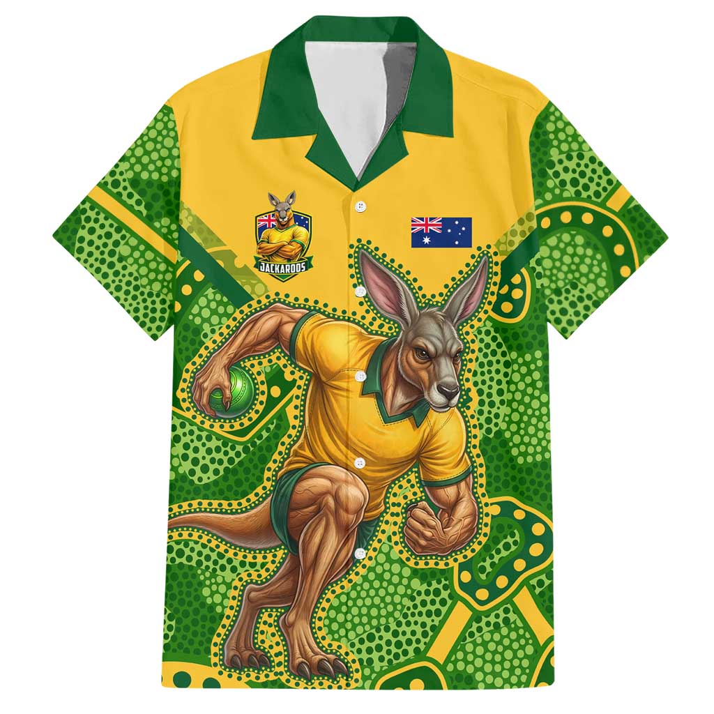 Personalized Australian Jackaroo Lawn Bowls Hawaiian Shirt Kangaroo Athlete Indigenous Pattern Green Yellow Sports Mascot