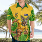 Personalized Australian Jackaroo Lawn Bowls Hawaiian Shirt Kangaroo Athlete Indigenous Pattern Green Yellow Sports Mascot