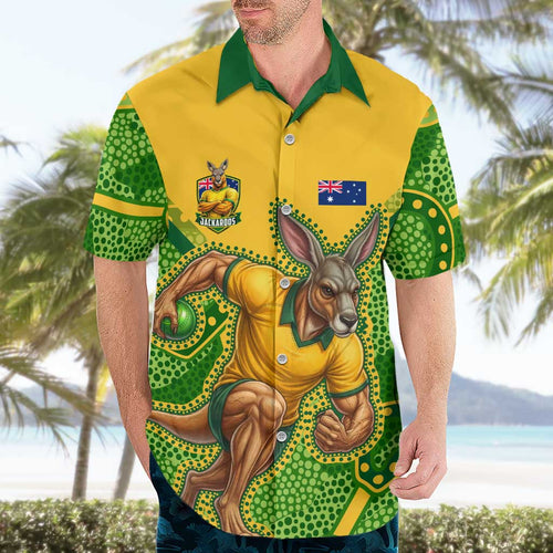 Personalized Australian Jackaroo Lawn Bowls Hawaiian Shirt Kangaroo Athlete Indigenous Pattern Green Yellow Sports Mascot