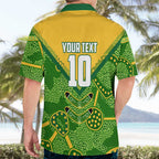 Personalized Australian Jackaroo Lawn Bowls Hawaiian Shirt Kangaroo Athlete Indigenous Pattern Green Yellow Sports Mascot