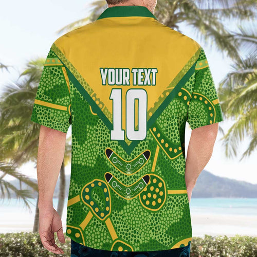Personalized Australian Jackaroo Lawn Bowls Hawaiian Shirt Kangaroo Athlete Indigenous Pattern Green Yellow Sports Mascot
