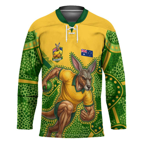 Personalized Australian Jackaroo Lawn Bowls Hockey Jersey Kangaroo Athlete Indigenous Pattern Green Yellow Sports Mascot