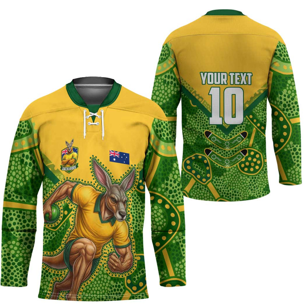 Personalized Australian Jackaroo Lawn Bowls Hockey Jersey Kangaroo Athlete Indigenous Pattern Green Yellow Sports Mascot