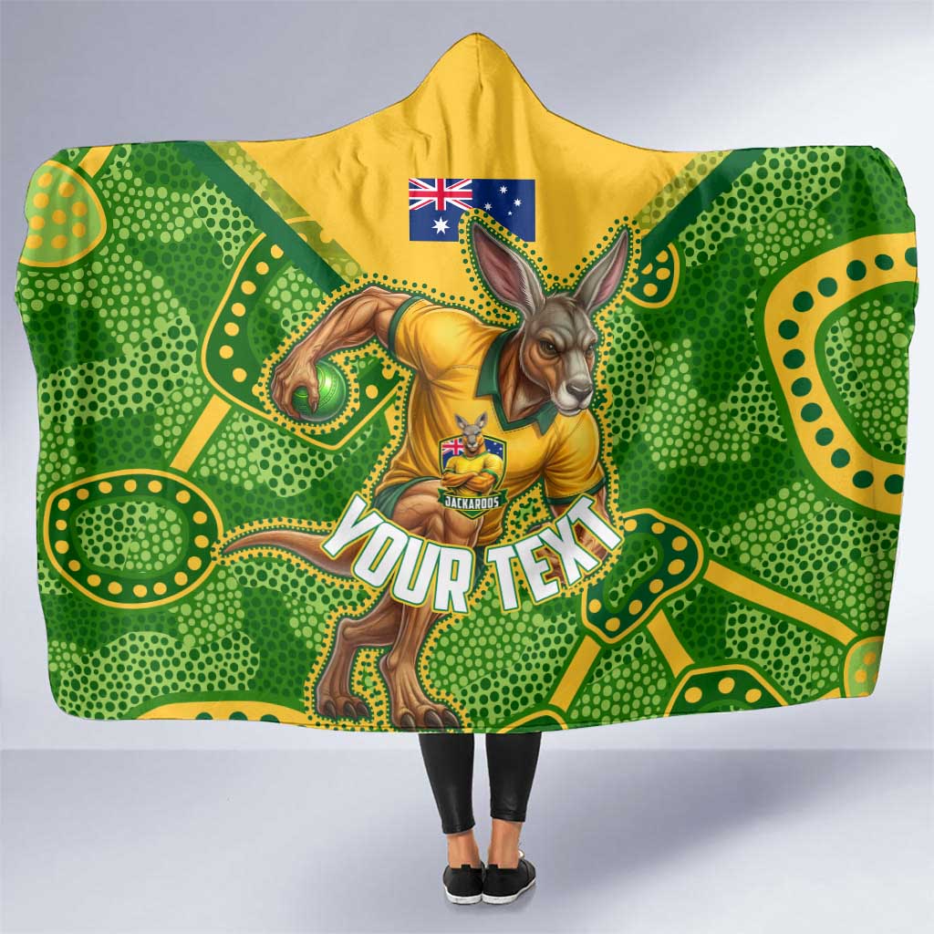 Personalized Australian Jackaroo Lawn Bowls Hooded Blanket Kangaroo Athlete Indigenous Pattern Green Yellow Sports Mascot