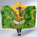 Personalized Australian Jackaroo Lawn Bowls Hooded Blanket Kangaroo Athlete Indigenous Pattern Green Yellow Sports Mascot
