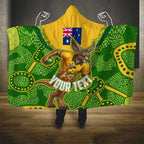 Personalized Australian Jackaroo Lawn Bowls Hooded Blanket Kangaroo Athlete Indigenous Pattern Green Yellow Sports Mascot