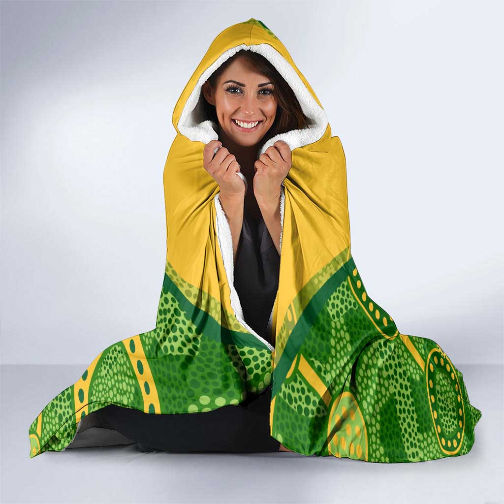 Personalized Australian Jackaroo Lawn Bowls Hooded Blanket Kangaroo Athlete Indigenous Pattern Green Yellow Sports Mascot