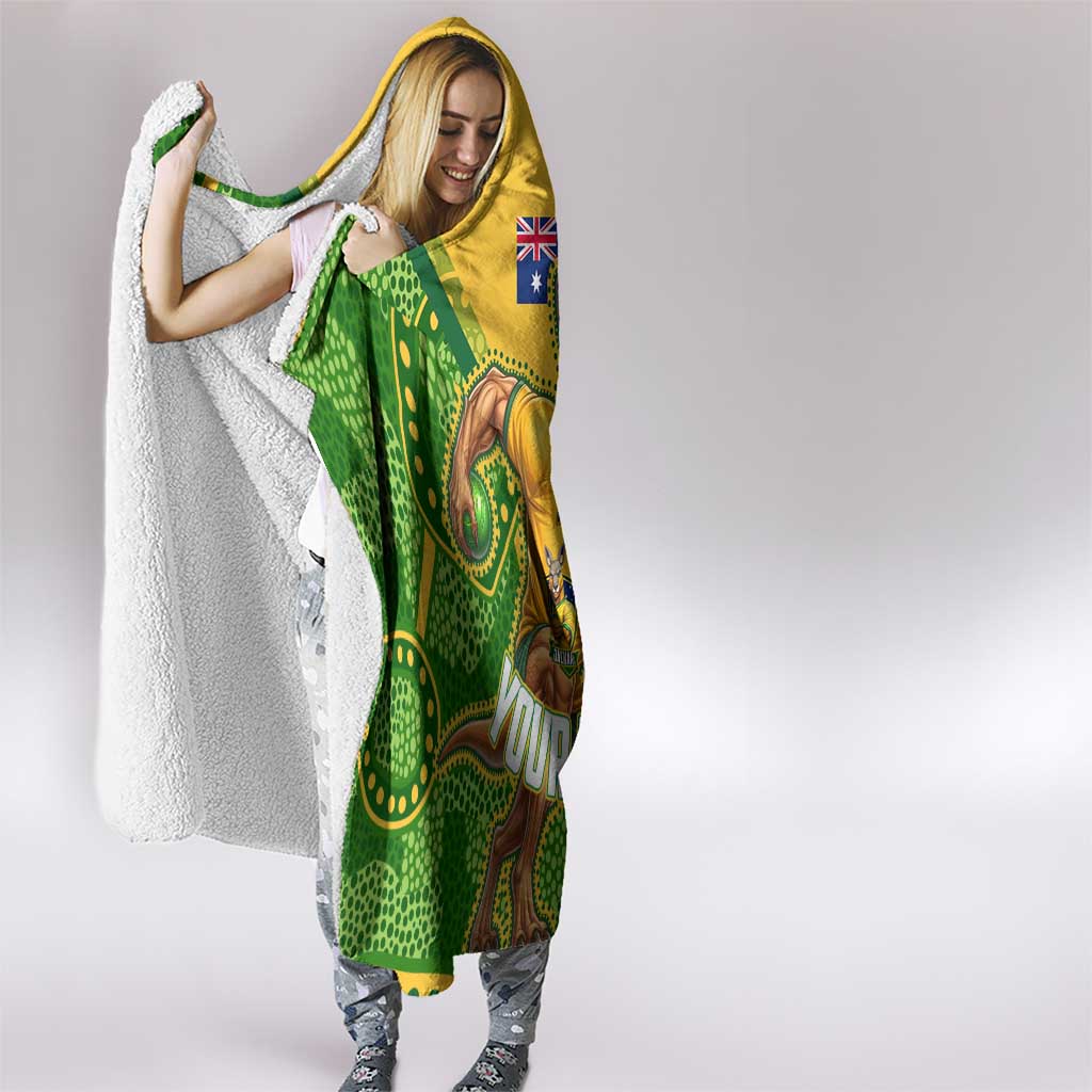 Personalized Australian Jackaroo Lawn Bowls Hooded Blanket Kangaroo Athlete Indigenous Pattern Green Yellow Sports Mascot