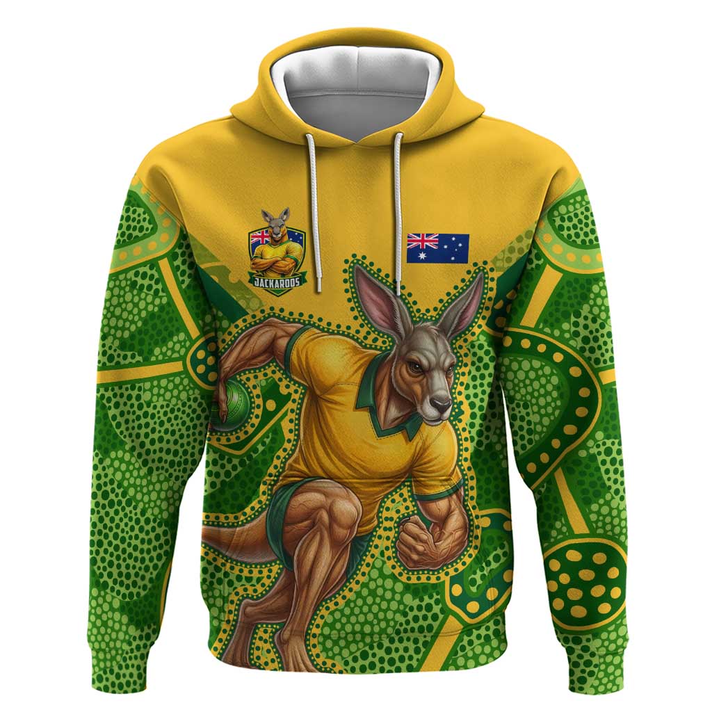 Personalized Australian Jackaroo Lawn Bowls Hoodie Kangaroo Athlete Indigenous Pattern Green Yellow Sports Mascot