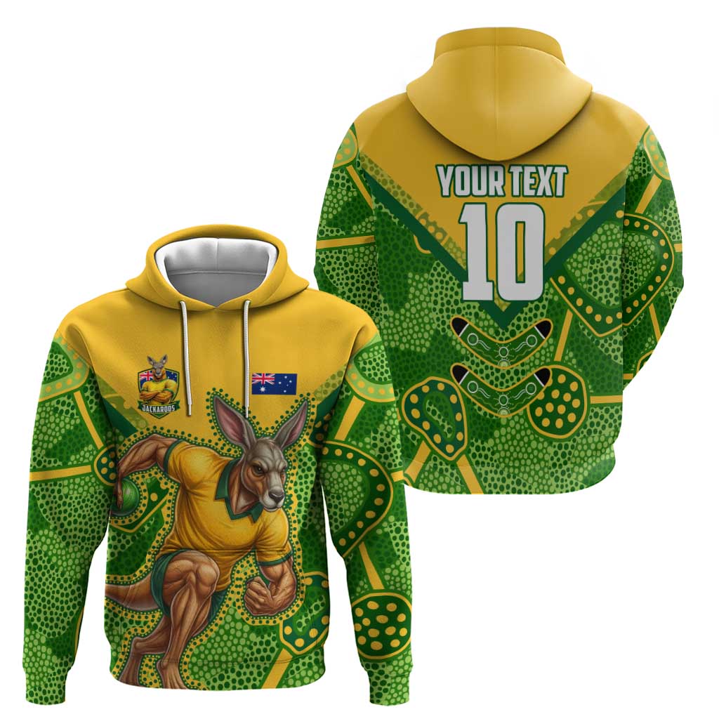 Personalized Australian Jackaroo Lawn Bowls Hoodie Kangaroo Athlete Indigenous Pattern Green Yellow Sports Mascot