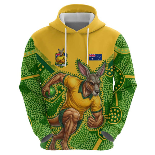 Personalized Australian Jackaroo Lawn Bowls Hoodie Kangaroo Athlete Indigenous Pattern Green Yellow Sports Mascot