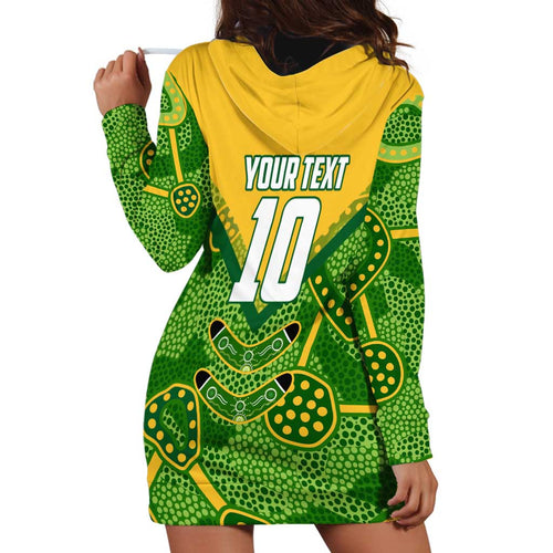 Personalized Australian Jackaroo Lawn Bowls Hoodie Dress Kangaroo Athlete Indigenous Pattern Green Yellow Sports Mascot