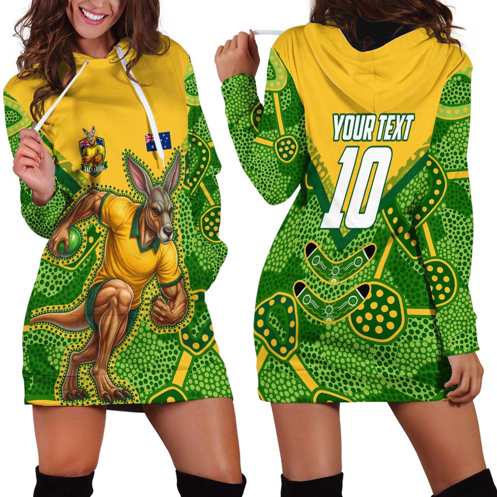 Personalized Australian Jackaroo Lawn Bowls Hoodie Dress Kangaroo Athlete Indigenous Pattern Green Yellow Sports Mascot