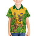 Personalized Australian Jackaroo Lawn Bowls Kid Hawaiian Shirt Kangaroo Athlete Indigenous Pattern Green Yellow Sports Mascot