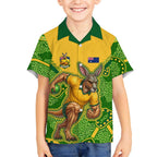 Personalized Australian Jackaroo Lawn Bowls Kid Hawaiian Shirt Kangaroo Athlete Indigenous Pattern Green Yellow Sports Mascot