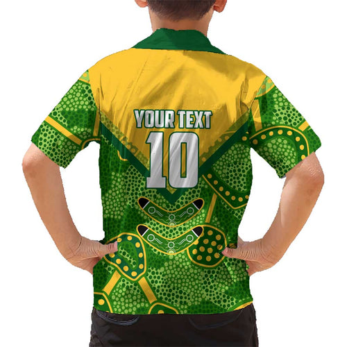 Personalized Australian Jackaroo Lawn Bowls Kid Hawaiian Shirt Kangaroo Athlete Indigenous Pattern Green Yellow Sports Mascot
