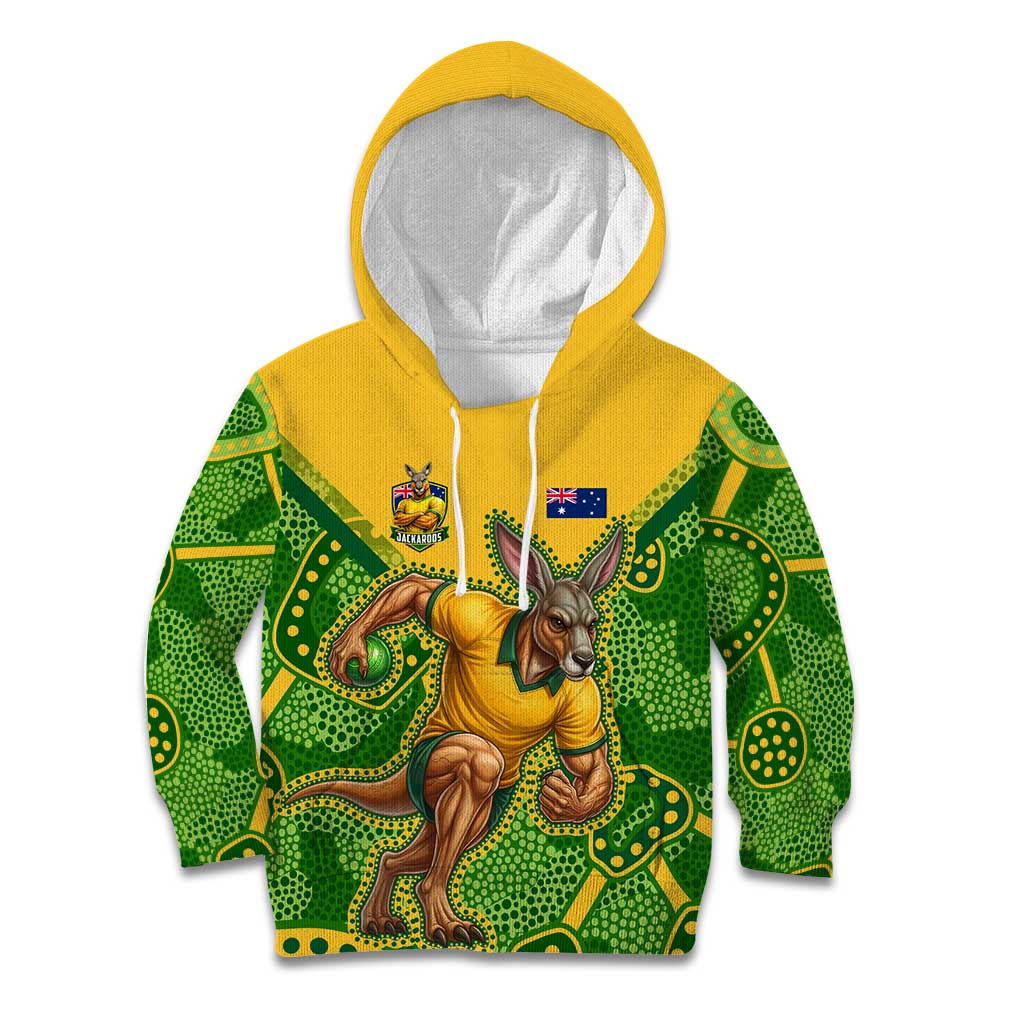 Personalized Australian Jackaroo Lawn Bowls Kid Hoodie Kangaroo Athlete Indigenous Pattern Green Yellow Sports Mascot