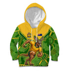 Personalized Australian Jackaroo Lawn Bowls Kid Hoodie Kangaroo Athlete Indigenous Pattern Green Yellow Sports Mascot