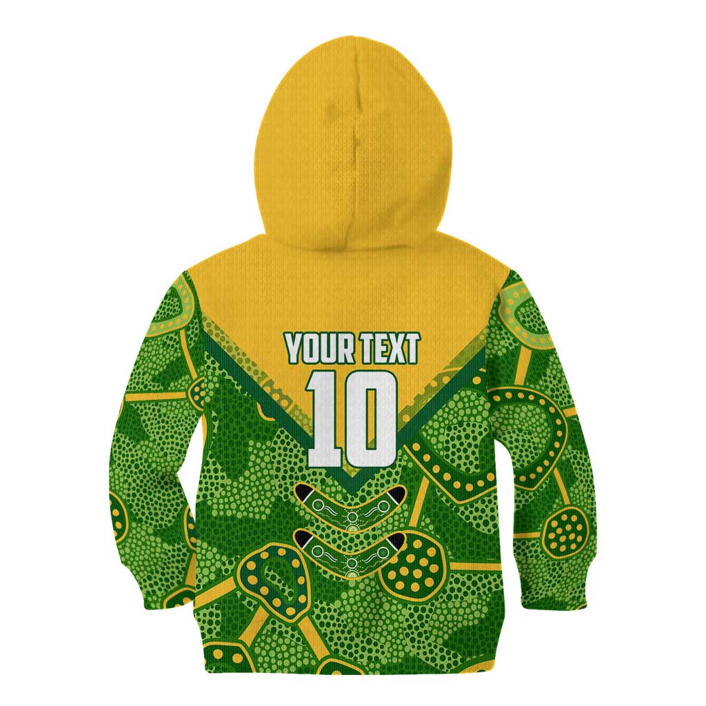 Personalized Australian Jackaroo Lawn Bowls Kid Hoodie Kangaroo Athlete Indigenous Pattern Green Yellow Sports Mascot