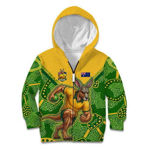 Personalized Australian Jackaroo Lawn Bowls Kid Hoodie Kangaroo Athlete Indigenous Pattern Green Yellow Sports Mascot