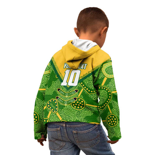Personalized Australian Jackaroo Lawn Bowls Kid Hoodie Kangaroo Athlete Indigenous Pattern Green Yellow Sports Mascot