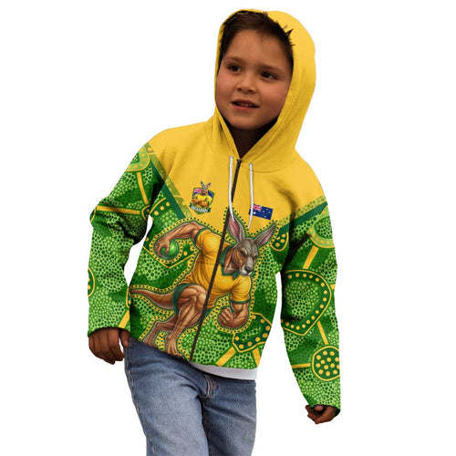 Personalized Australian Jackaroo Lawn Bowls Kid Hoodie Kangaroo Athlete Indigenous Pattern Green Yellow Sports Mascot