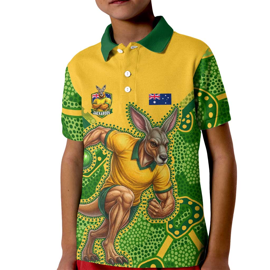 Personalized Australian Jackaroo Lawn Bowls Kid Polo Shirt Kangaroo Athlete Indigenous Pattern Green Yellow Sports Mascot