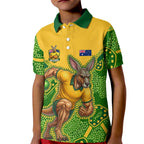 Personalized Australian Jackaroo Lawn Bowls Kid Polo Shirt Kangaroo Athlete Indigenous Pattern Green Yellow Sports Mascot