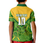 Personalized Australian Jackaroo Lawn Bowls Kid Polo Shirt Kangaroo Athlete Indigenous Pattern Green Yellow Sports Mascot